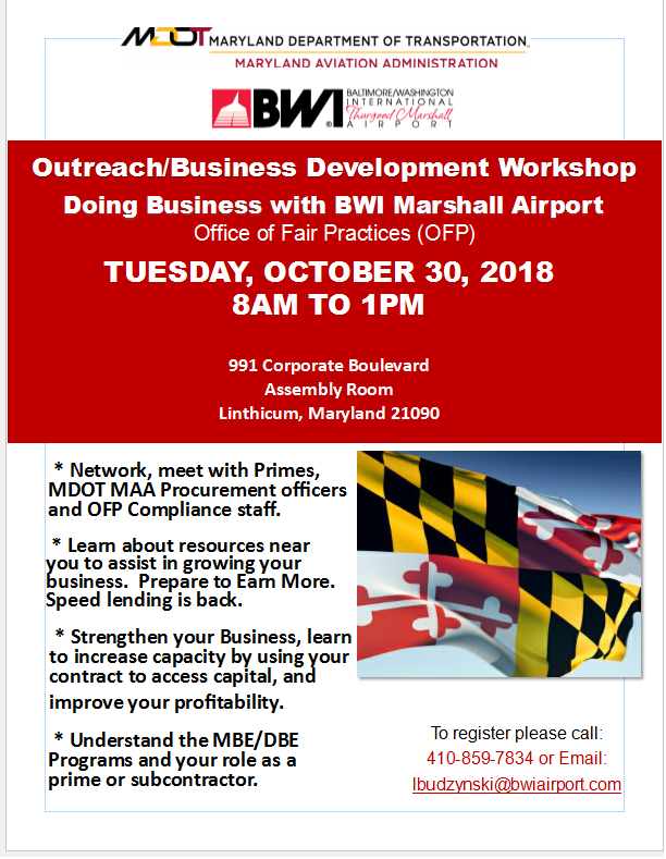 UPCOMING EVENT: “Doing Business with BWI Marshall Airport” 10-30-2018
